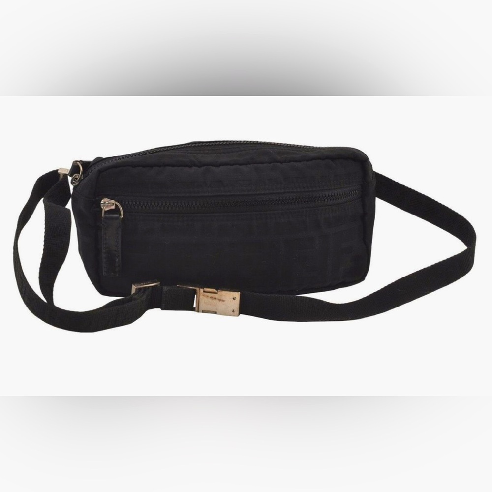 Authentic FENDI Zucca FF Waist Body Bag Purse Nylon Leather Black
